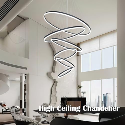 6 Rings Pendant Lights 47.2'' Modern Black Led Chandelier Dimmable Height Adjustable Chandeliers Color Temperature Black Chandelier Led Pendant Light for Dining Room Bedroom Entryway