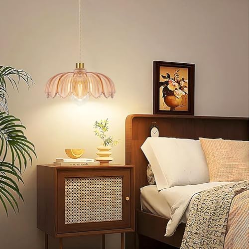Plug in Pendant Light Hanging Lights with in Cord Mid Century Modern Gold Hanging Lamp Flower Glass Amber Vintage Dimmable Chandelier Ceiling Fixture for Living Room
