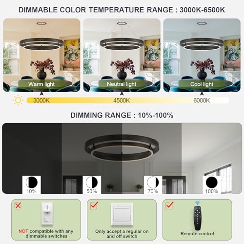 Modern LED Chandelier Vintage Black Brown Dimmable Circular LED Pendant Light with Remote Ring Chandelier Dining Room Light Fixtures for Kitchen Island Living Room Entryway