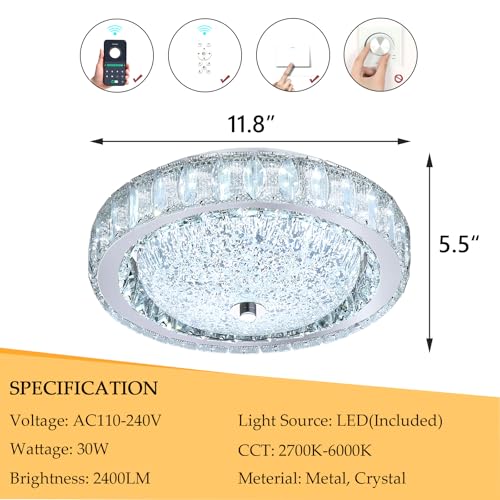 11.8" Modern Mini Crystal Chandelier Dimmable LED Flush Mount Ceiling Light with Remote Control for Bedroom Hallway Dining Room Silver