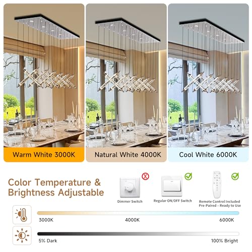 55" LED Large Modern Rectangle Crystal Chandeliers for Dining Room