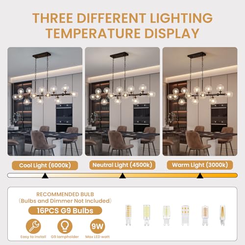 Black Rectangle Chandelier Modern Chandelier Glass Pendant Light Fixture Adjustable for Dining Living Room Kitchen Island 16 (16 Count)