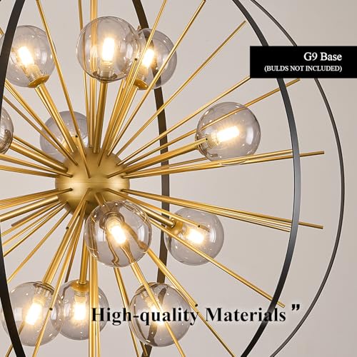31" 12 Light Black Gold Sputnik Chandeliers with Smoke Glass Shade