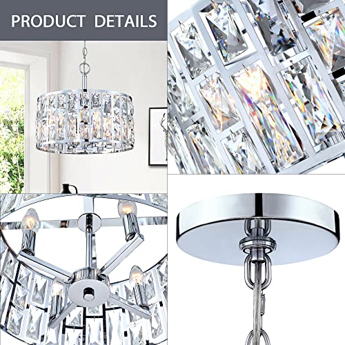 Farmhouse Crystal Convertible Chandelier and Semi Flush Mount Lighting Chrome Cylinder Drum Shade Pendant for Kitchen Island Dining Room Bedroom Hallway