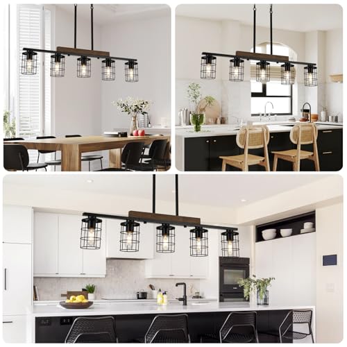 36" Farmhouse Kitchen Light Fixture, Black Hanging Kitchen Chandelier, 5-Light Rustic Dining Room Light Adjustable Height with Wood and Metal Frame, Suit for Farmhouse, Industrial Style