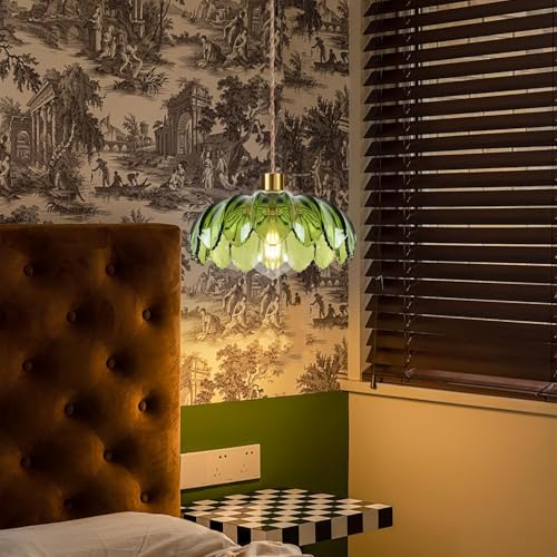 Plug in Pendant Light Hanging Lights with Plug in Cord Boho Hanging Lamp Glass Gold Mid Century Modern Vintage Dimmable Green Flower Plug in Chandelier Ceiling Fixture for Living Room