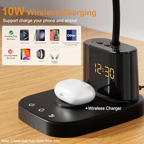 10W Wireless Charging LED Desk Lamp with Clock