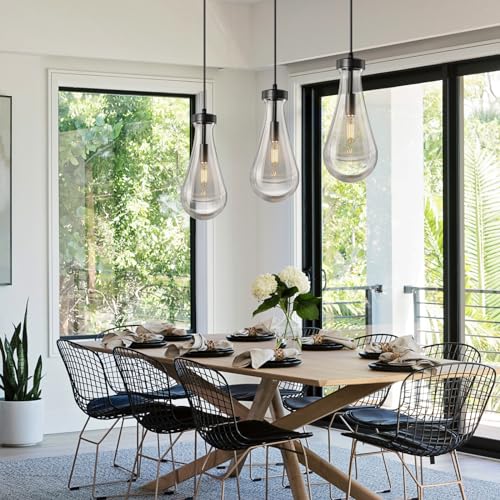Raindrop Pendant Lights Kitchen Island Set of 2 Teardrop Black Hanging Light Fixtures Clear Solid Glass Pendant Light Modern Chandeliers for Dining Room Porch Corridor Living Room… (2 Count)