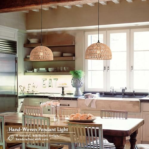 Hemp Rope Woven Pendant Light Woven Light Fixture Boho Chandelier Light Fixture Wicker Pendant Lights Rattan Lights Pendant Dome Wicker Chandelier for Dining Room Kitchen Island