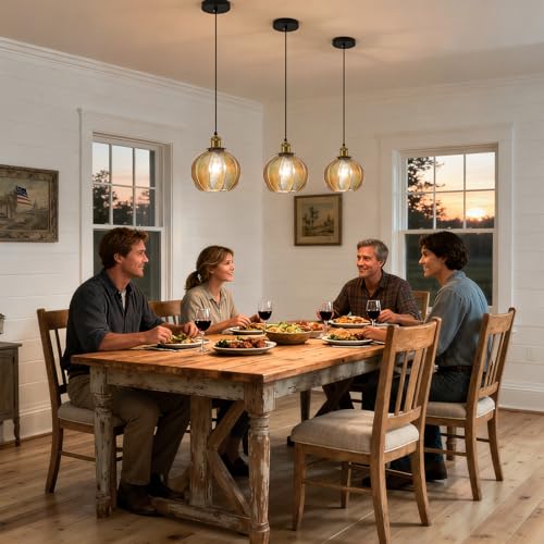 Vintage Amber Ribbed Glass Pendant Lights for Kitchen Island 2 Pack