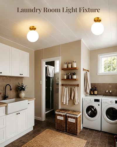 Semi Flush Mount Ceiling Light 6" Globe Mid Century Modern Light Fixture Milk Glass with Gold Brass Finish Light Fixtures for Hallway Entryway Kitchen Island Closet Laundry Bathroom