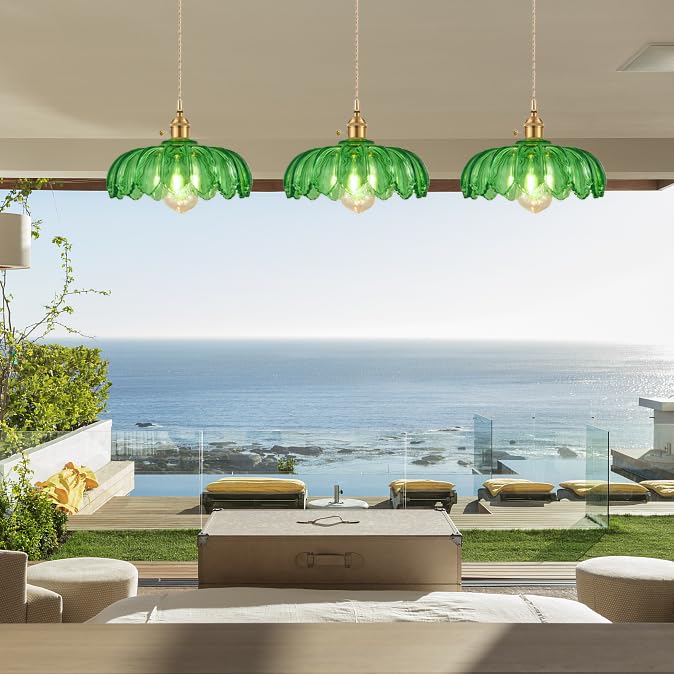 Grass Green Glass Pendant Light Fixtures Medium 9.8 Inches Lampshade Gold Brass Finish and Switch Vintage Pendant Ceiling Lamp Copper Pendant Lighting