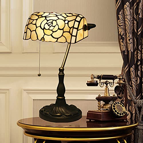 Rose Bankers Lamp Tiffany Vintage Table Lamp Stained Glass Beige Rose Lampshade Table Light Piano Desk Lamp Bedroom Bedside Lamp for Livingroom Office Study