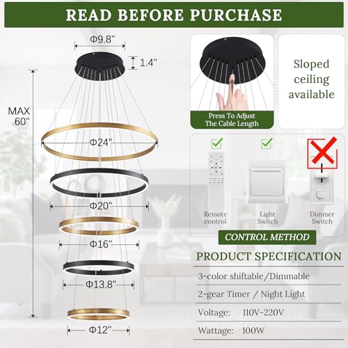 LED 5 Ring Chandelier Modern Vintage Black Gold Chandeliers Dimmable