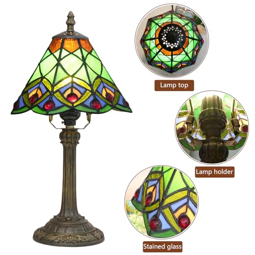 Green Small Tiffany Lamp Stained Glass Table lamp Peacock Tail Bedroom Bedside Light for Living Room Dormitory Bar Retro Style Unique Cute funky Accent Decor Cottage 8" Village gift Nightstand Lamp