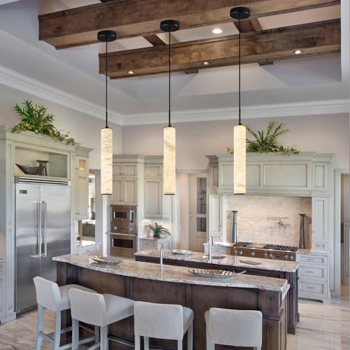 Natural Alabaster Pendant Lights for Kitchen Island White Marble Long Tube Chandelier 4000K Modern Black Ceiling Light Fixtures for Bedroom Dining Room Table Living Room Hallway (3 Count)