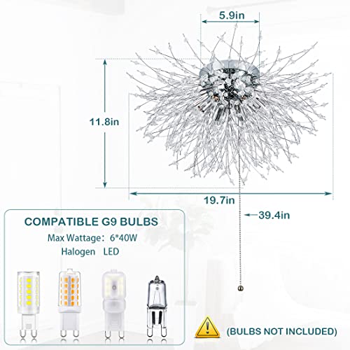 Crystal Flush Mount Ceiling Light Fixture with Pull Chain On