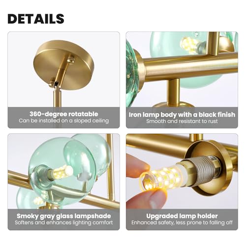 Mid Century Modern Gold Chandelier with Green Glass Rectangle Pendant Fixtures Linear Sputnik Chandeliers for Kitchen Island Dining Room Over Table