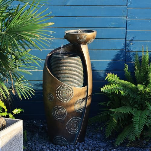 Indoor Water Fountain Feature Outdoor Garden Large Jar Floor Standing Fountain Waterfall with LED Light & Pump for Home Decor Office Yard Patio Pool Deck Porch