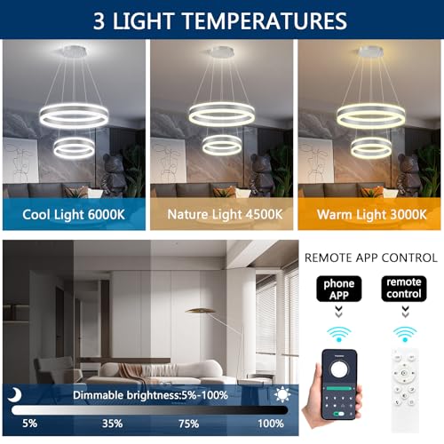 D7.8''+15.7'' Modern Ring Chandelier for Dining Room LED Dimmable Pendant Lighting for Living Room Foyer Bedroom Entryway 3000K