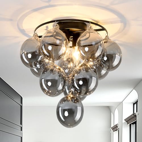 Modern Sputnik Ceiling Light Fixture 2 Light Flush Mount Chandelier with 11 Glass Globe Black Dining Room Light Fixture for Living Room Master Bedroom Kitchen Farmhouse