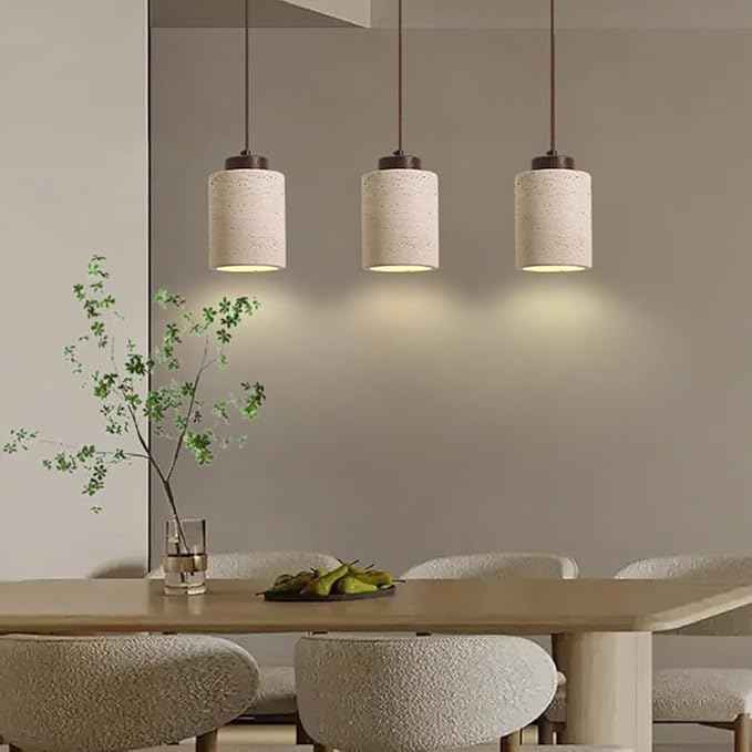 Set of 3 Japanese Travertine Hanging Lamps, Cylinder Natural Stone Pendant Lights Kitchen Island Adjustable Small Chandelier for Dining Room Bedside(Walnut,11cm/4.33in)