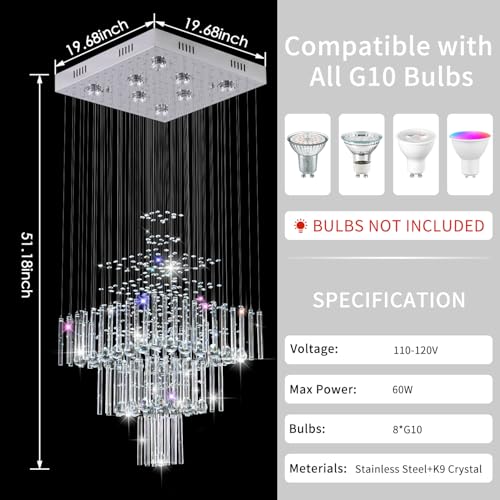 Crystal Chandelier Modern Chandelier Modern 8 Lights Square Chandelier Light Luxury 3 Tier Crystal Raindrop Chandeliers Flush Mount Ceiling Light Pendant for Foyer Modern Chandeliers for Entryway