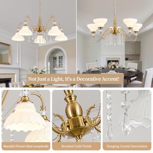 5 Light Vintage Chandelier in Brushed Gold Finish with Flower (5-Light / Gold and White)