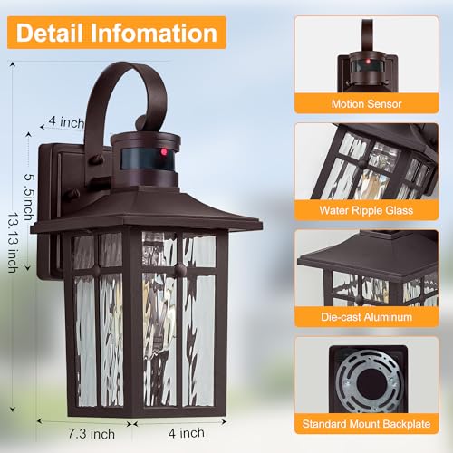 Aluminum Motion Sensor Outdoor Wall Sconce with Ripple Glass