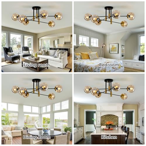 6 Lights Sputnik Ceiling Light Fixture Mid Century Modern Glass Globe Flush Mount Chandelier Black and Gold Farmhouse Lighting for Living Room Dining Room Bedroom Kitchen