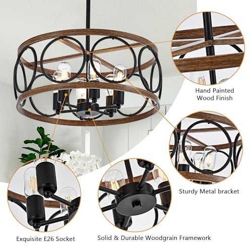19.7" 6 Light Black Farmhouse Drum Pendant Light for Dining Room