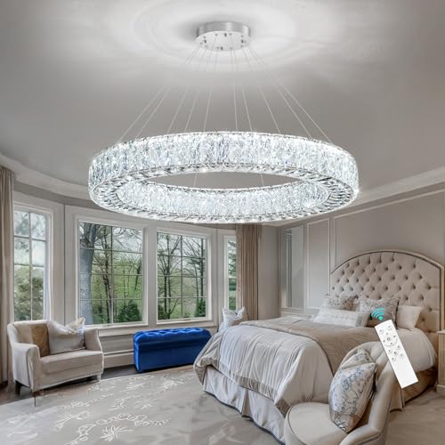 Modern Chandelier Glam Dimmable LED Crystal Chandeliers Luxury Remote Ceiling Pendants Lighting Fixtures for Dining Room Bedroom Living Room Silver