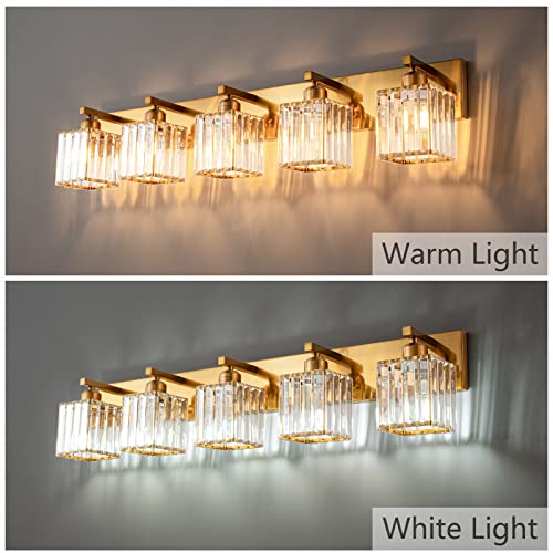 Modern 5 Light Gold Brushed Brass Finish Crystal Wall Light for Bathroom Vanity