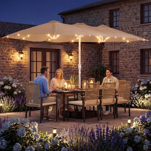 15ft Double Sided Patio Umbrella with Solar Lights and Base Included