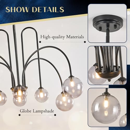 Black Sputnik Chandelier with Smoke Glass Globe 8 Lights L41 Inch