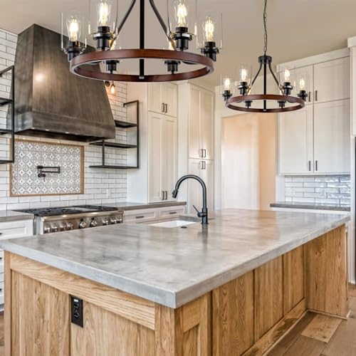 6 Light Farmhose Chandelier for Dining Room Light Fixture Faux Wood Kitchen Pendant Light Round Rustic Ceiling Hanging Lighting with Glass Globes Adjustable Height Metal E26