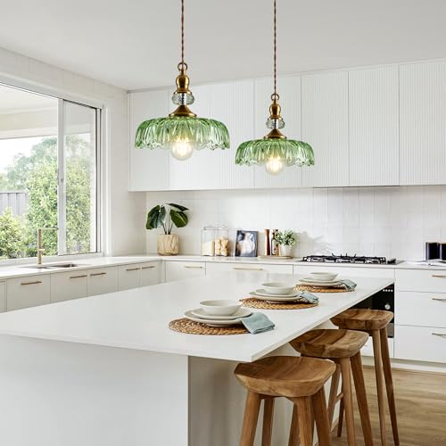 Vintage Glass Pendant Light Fixture Green Adjustable Chandelier Modern Gold Hanging Ceiling Light for Farmhouse Dining Room Living Room Bedroom Entryway Kitchen Island