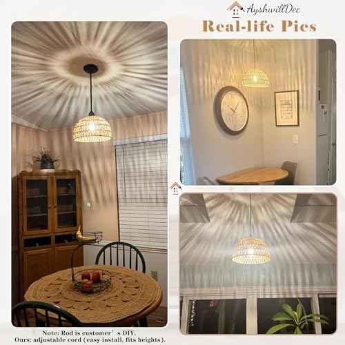 2 Pack Hemp Rope Woven Pendant Light Woven Light Fixture Boho Chandelier Light Fixture Wicker Pendant Lights Rattan Dome Wicker Chandelier for Dining Room Kitchen Island