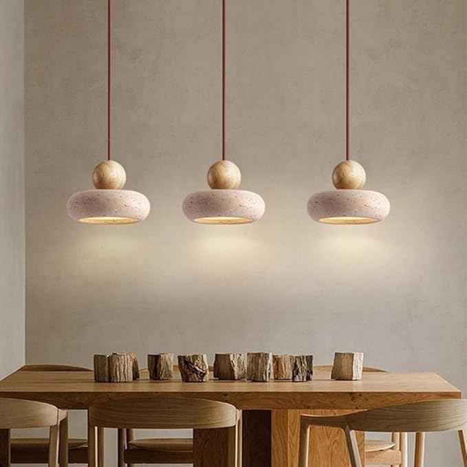 Japanese Wabi-Sabi Pendant Light Rustic Stone and Wood Modern Minimalist Chandelier Beige Natural Wood Accent Lighting Handmade Pendant Lamp for Kitchen Island, Dining Living Room(Beige)