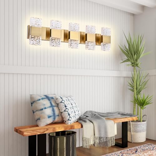 5 Lights Brass Crystal Vanity Light Bar LED Bathroom Lights 30.3 in
