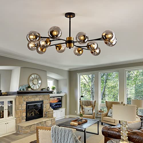 12 Light Large Sputnik Chandelier with Glass Globe Mid Century Modern Matte Black and Gold Ceiling Light Fixture Vintage Pendant Lighting for Dining Room Bedroom Kitchen Living Room Foyer