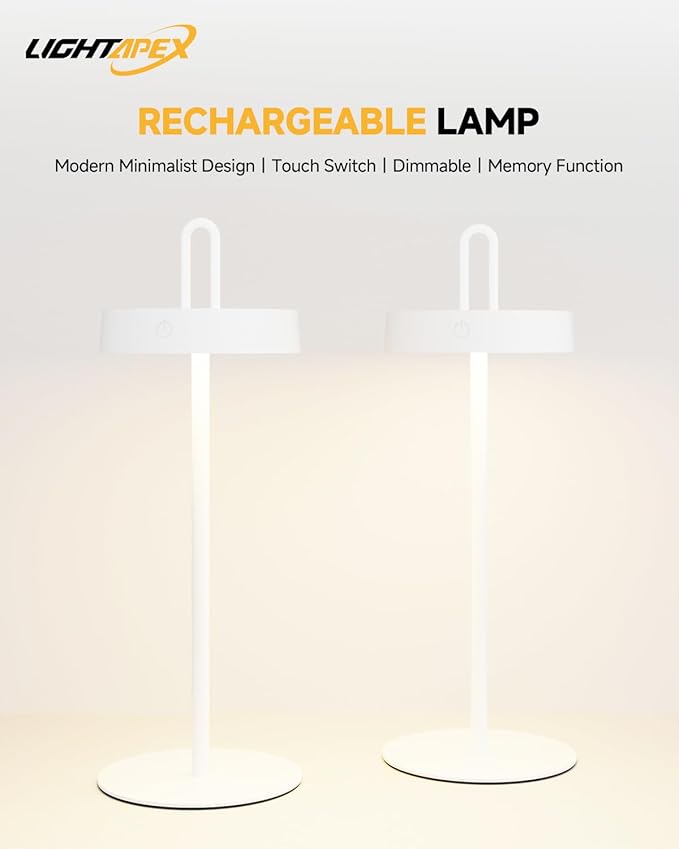 Lightapex 2-Pack Cordless Table Lamps – Portable Rechargeable Bedside Lamps with Stepless Dimming and Touch Control, Modern Nightstand Lamps for Bedroom, Living Room, Patio and Reading（White）