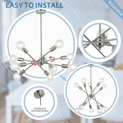 Modern Sputnik Chandelier Lighting 10 Lights with Adjustable Arms Mid Century Brushed Nickel Pendant Lighting for Kitchen Living Room Dining Room Foyer