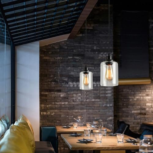 3 Lights Industrial Pendant Light with Glass Shade Matte Black Pendant Lighting Adjustable Industrial Retro Style Hanging Light (3 Count)