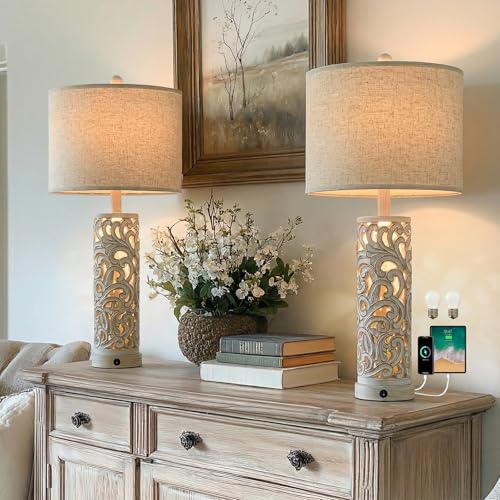 2-in-1 Light Table Lamp Set of 2 for Living Room, 28.5" Farmhouse Bedside Lamps with USB Charging Port, Main&Night Light & Dual Switches, Nightstand Lamp for Bedroom Home Office(Bulb Included) (2 Count)