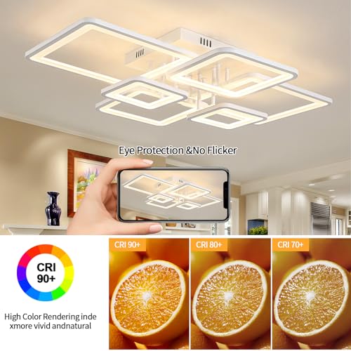 Modern LED Ceiling Lights for Bedroom Dimmable Modern 6 Ring Square Ceiling Lights for Living Room with Remote Control White Bedroom Ceiling Lamp Fixures for Kitchen