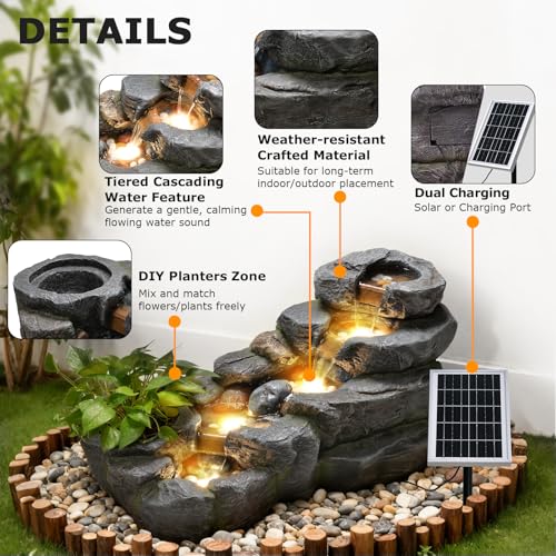 5 Tier Solar Water Fountain Outdoor Rock Waterfall Fountains