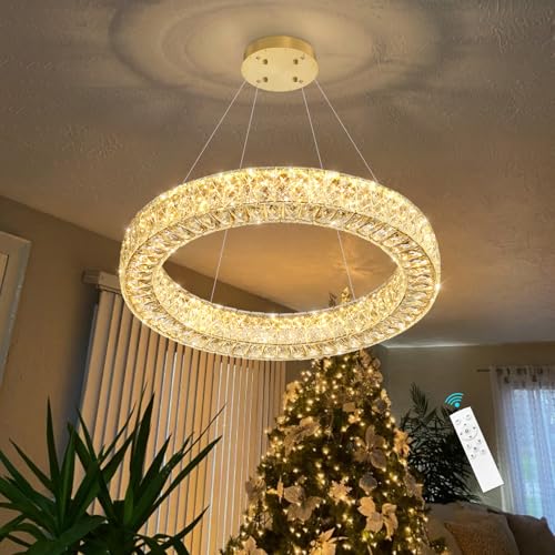 24 Inch Chandelier Glam Dimmable Crystal Chandeliers Luxury Remote Ceiling Pendants Lighting Fixtures for Dining Room Bedrooms Gold