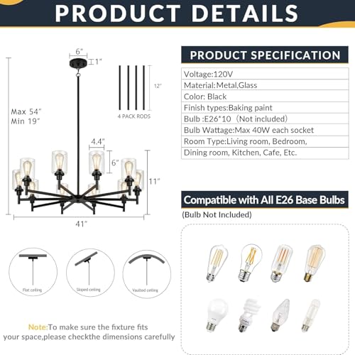 10 Light Large Black Farmhouse Chandeliers for Dining Room Light Fixture