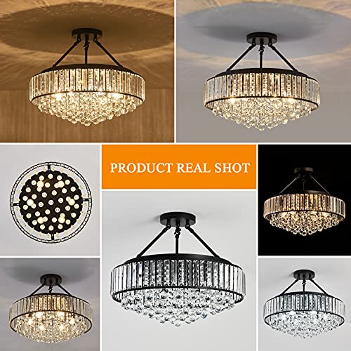 6 Light Modern Large Crystal Chandelier Black Metal E26 Semi Flush Mount Round Light Fixture Ceiling Lamp Farmhouse for Dining Living Room Laundry Foyer Kitchen Balcony Bedroom
